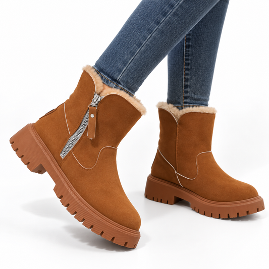 Women's Faux Suede Faux Fur Lined Side-Zip Lug Sole Winter Ankle Boots
