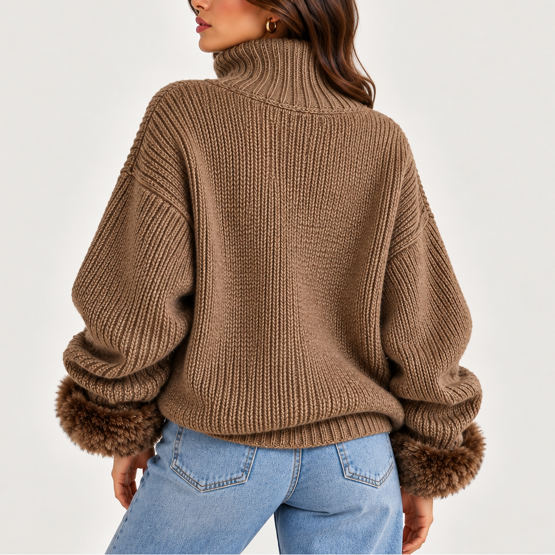 Women's Oversized Chunky Knit Half-Zip Faux Fur Cuff Winter Jumper