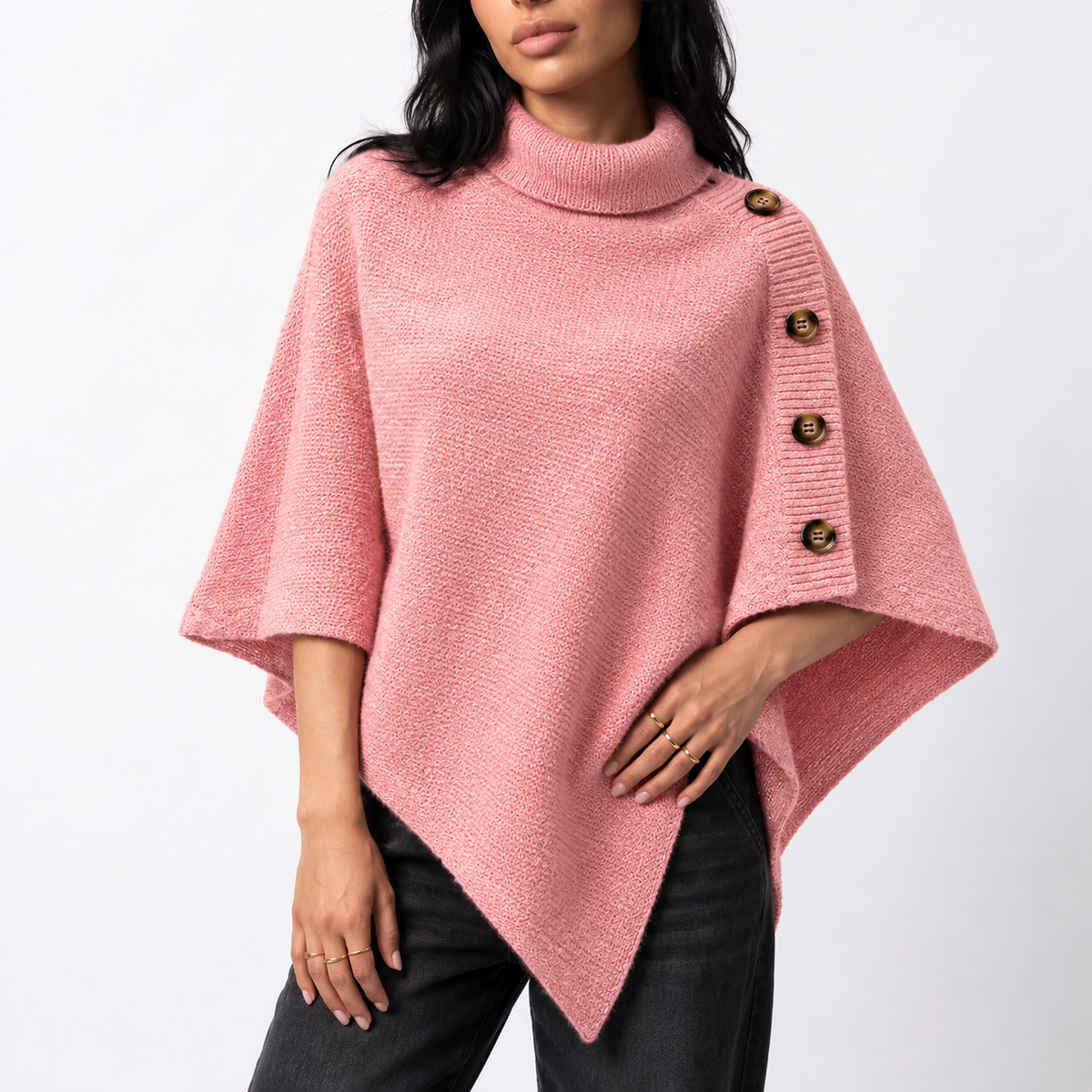 Women's Knitted Roll-Neck Button Detail Asymmetric Hem Winter Poncho
