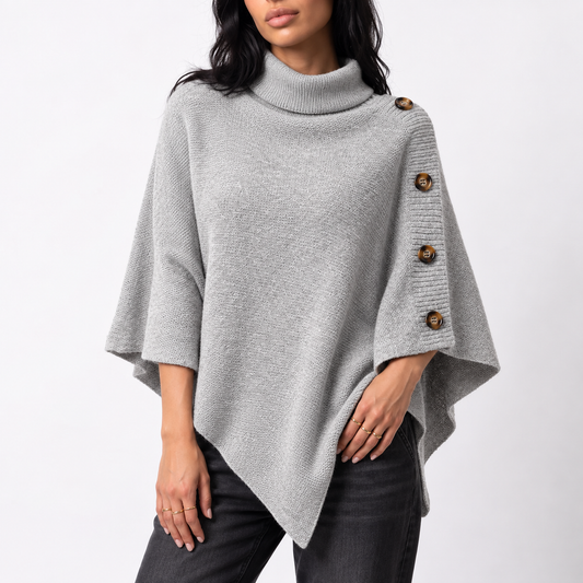 Women's Knitted Roll-Neck Button Detail Asymmetric Hem Winter Poncho