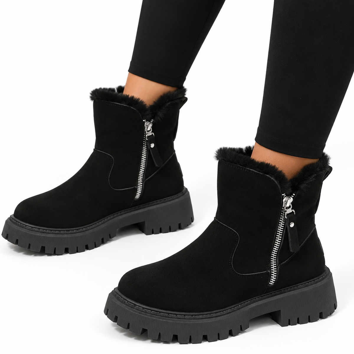 Women's Faux Suede Faux Fur Lined Side-Zip Lug Sole Winter Ankle Boots