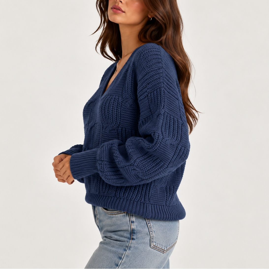 Women's Oversized All-Over Cable Knit V-Neck Winter Jumper
