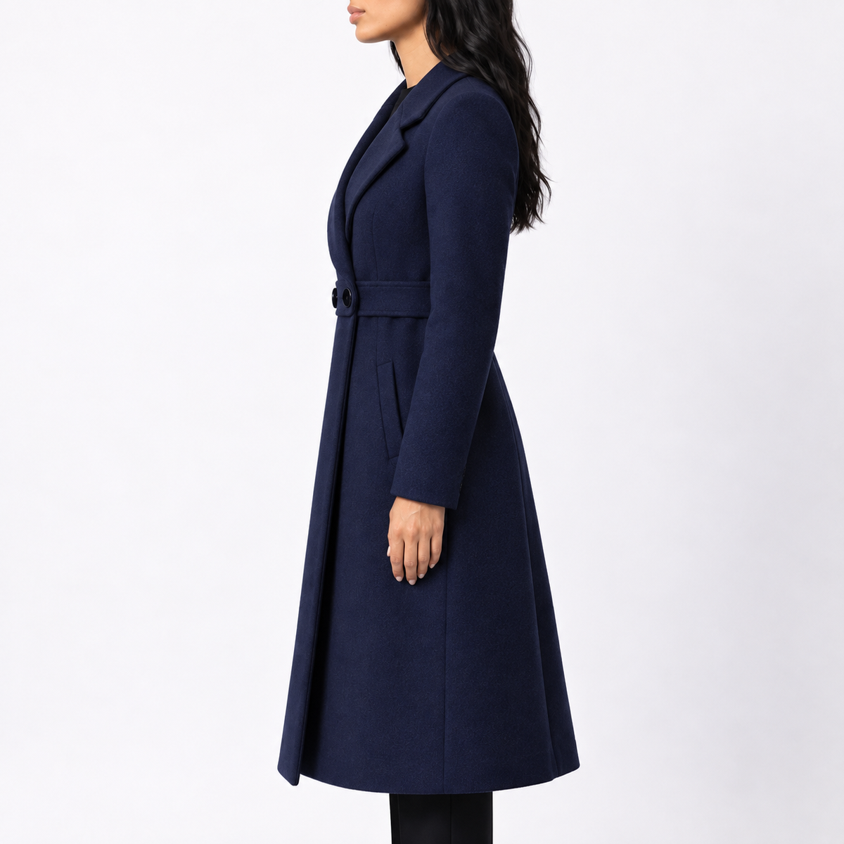 Women's Long Belted Wool Wide Lapel Winter Coat with Side Pockets