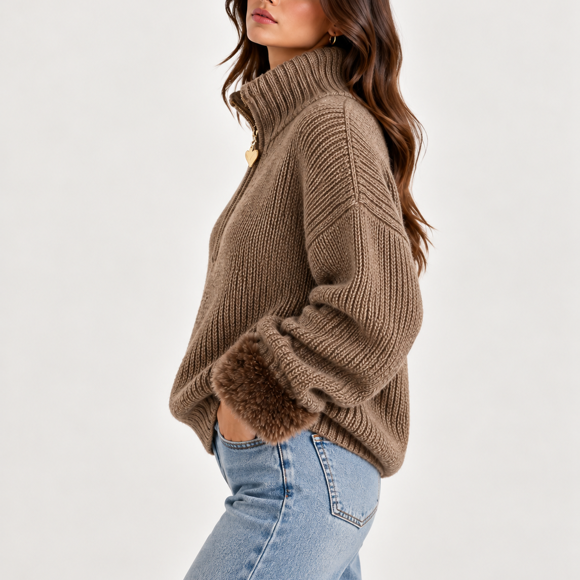 Women's Oversized Chunky Knit Half-Zip Faux Fur Cuff Winter Jumper