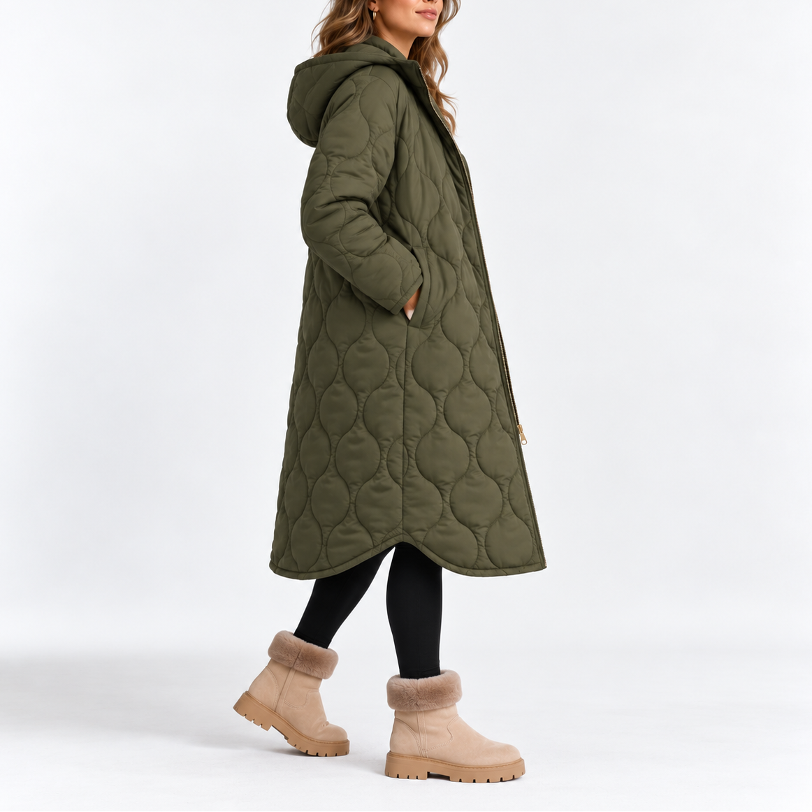 Women's Long Quilted Hooded Zip-Up Padded Winter Coat with Pockets