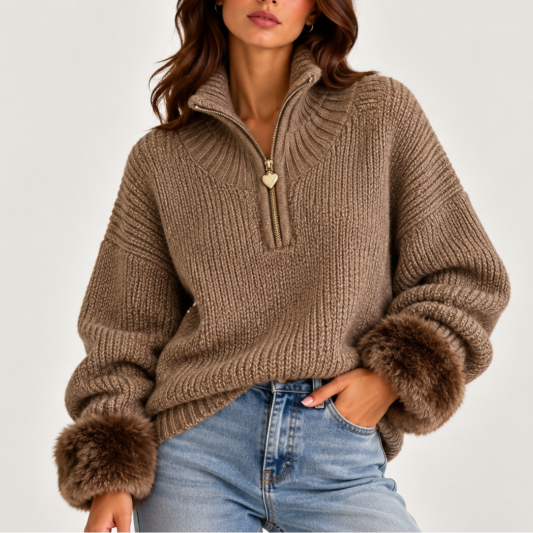 Women's Oversized Chunky Knit Half-Zip Faux Fur Cuff Winter Jumper