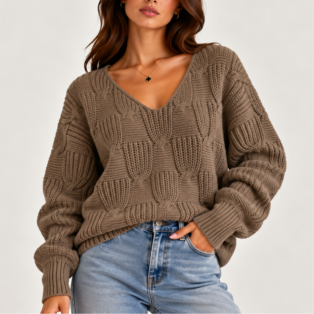 Women's Oversized All-Over Cable Knit V-Neck Winter Jumper