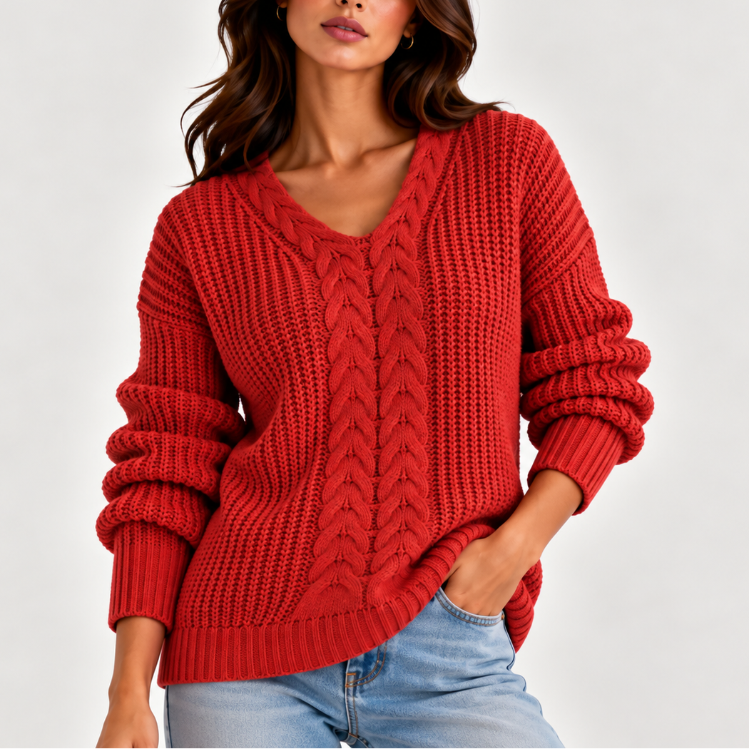 Women's Relaxed Fit Cable Front V-Neck Long-Sleeve Winter Jumper