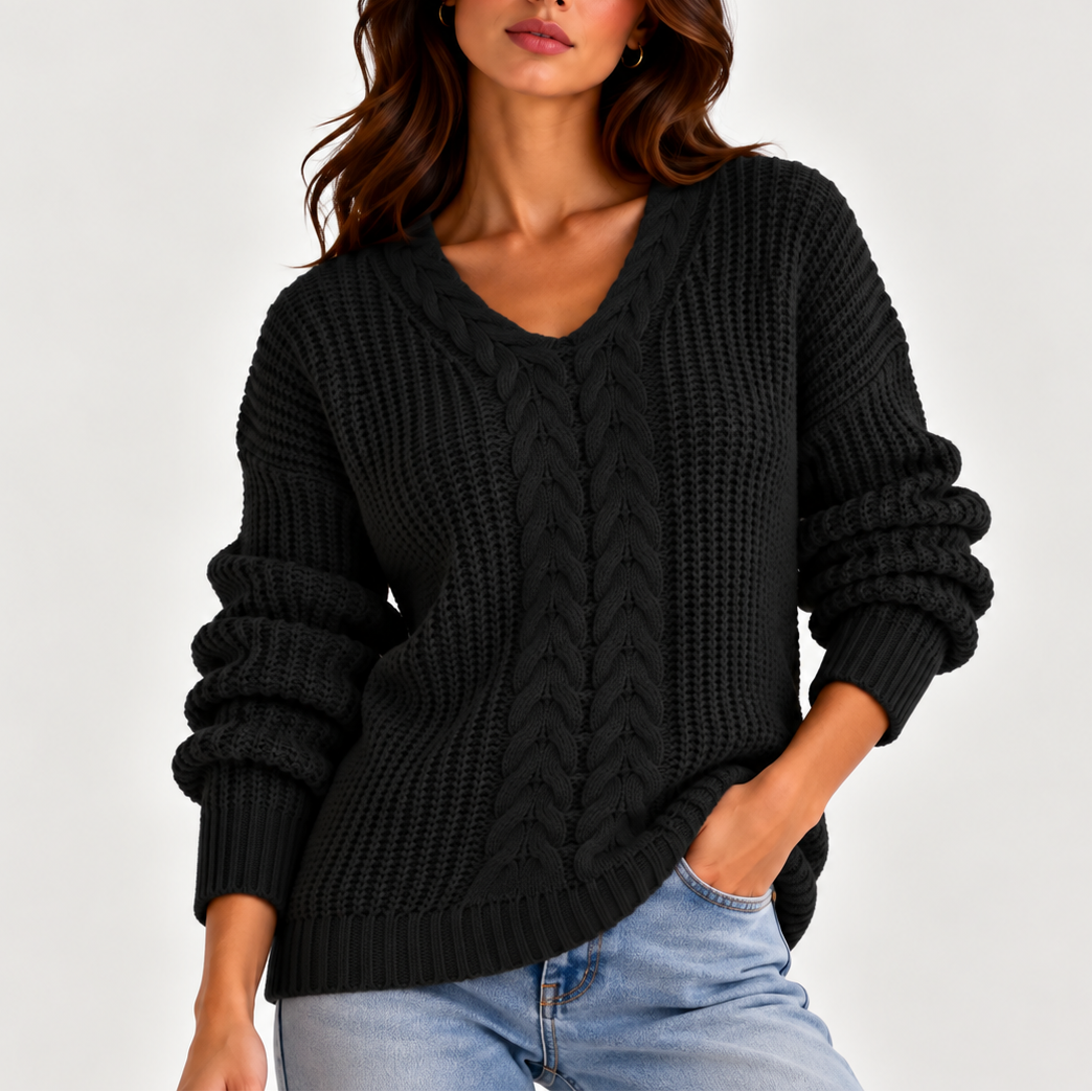 Women's Relaxed Fit Cable Front V-Neck Long-Sleeve Winter Jumper