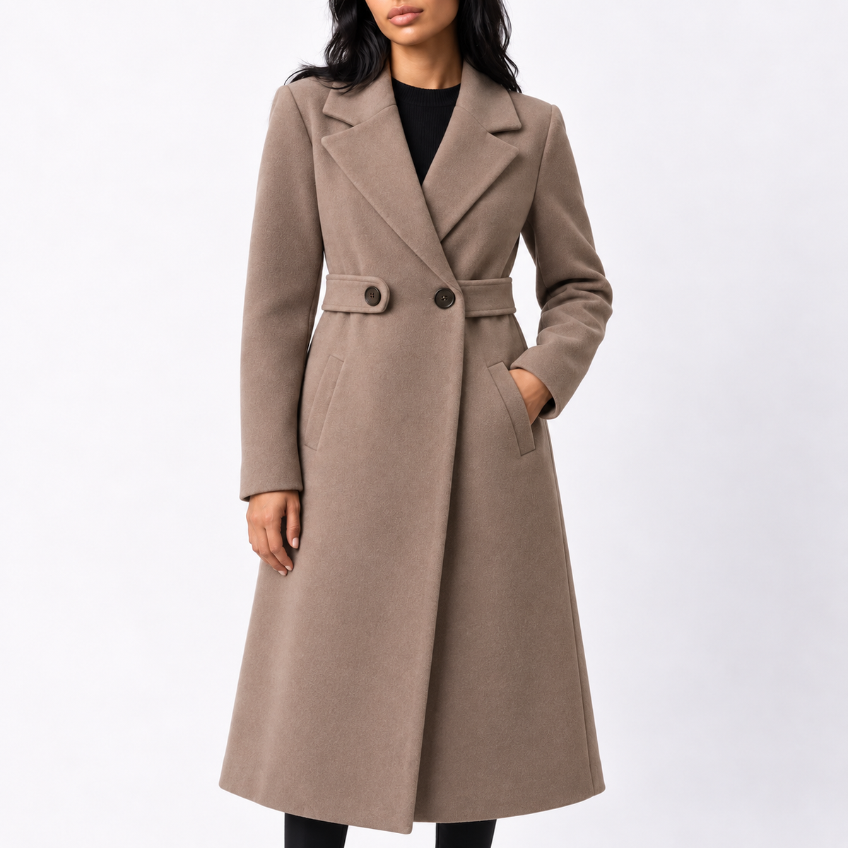 Women's Long Belted Wool Wide Lapel Winter Coat with Side Pockets