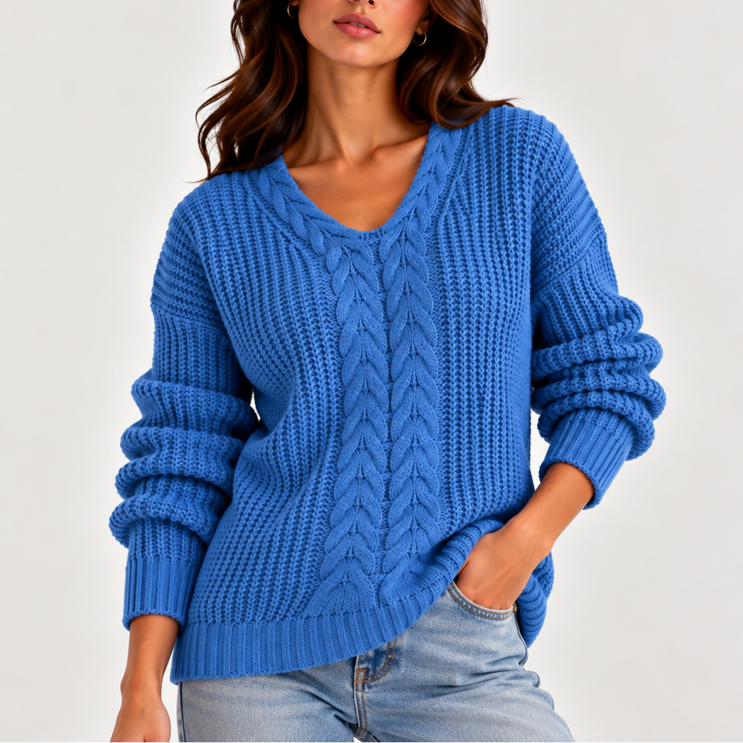 Women's Relaxed Fit Cable Front V-Neck Long-Sleeve Winter Jumper
