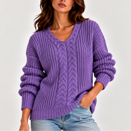 Women's Relaxed Fit Cable Front V-Neck Long-Sleeve Winter Jumper