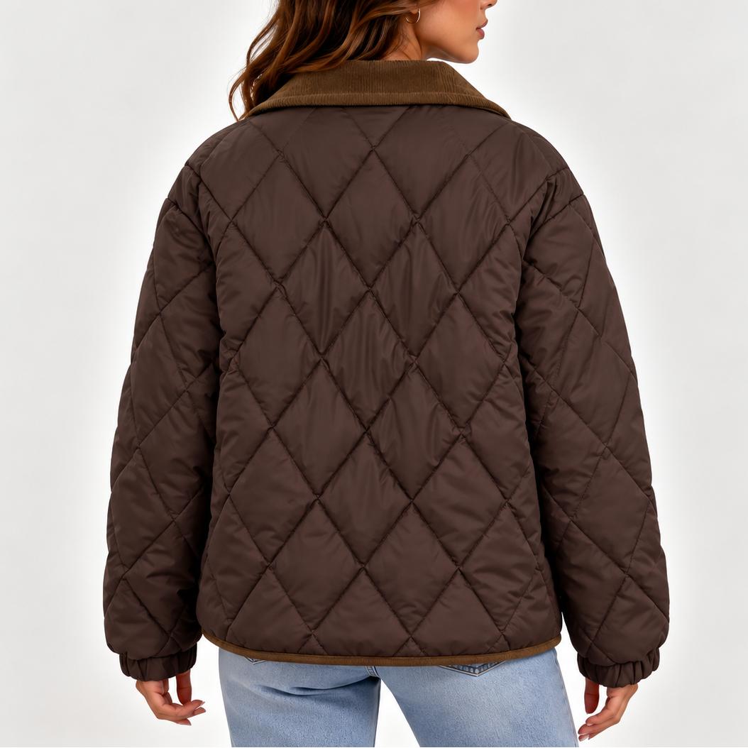 Women's Diamond Quilted Corduroy Collar Snap-Button Autumn Jacket