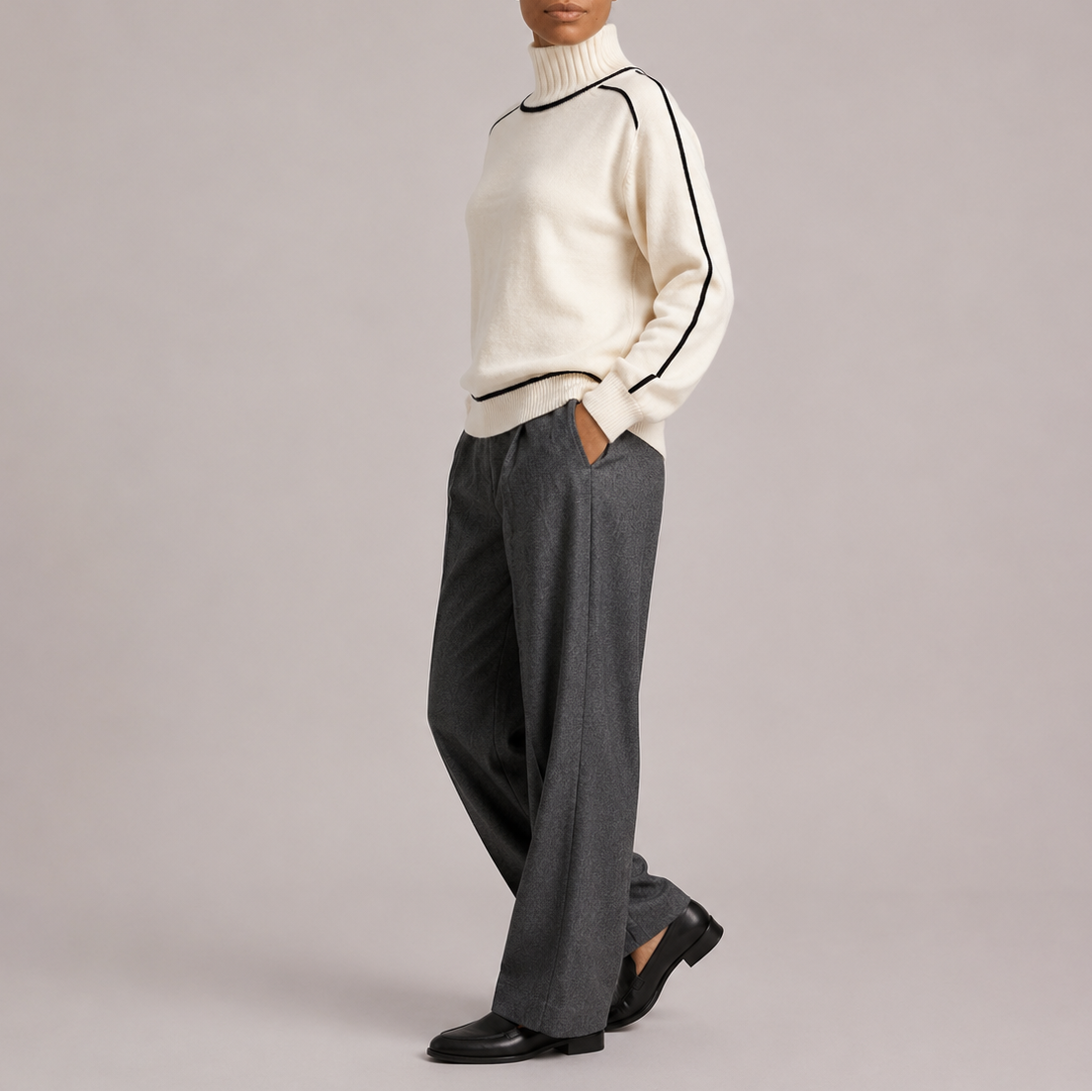 Women's Contrast Trim Ribbed Roll-Neck Relaxed Fit Winter Jumper