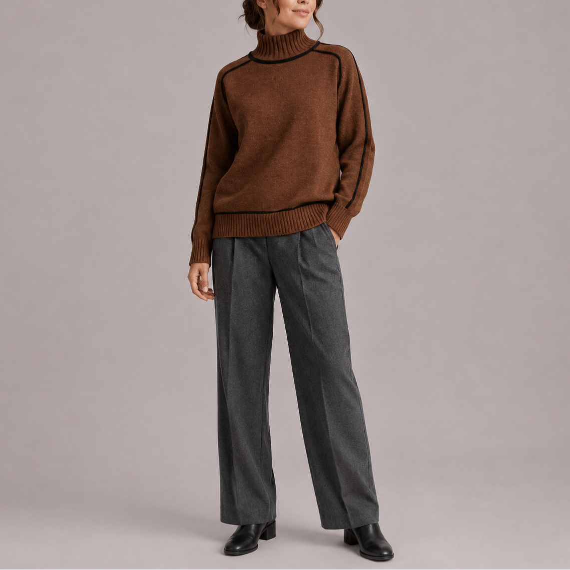 Women's Contrast Trim Ribbed Roll-Neck Relaxed Fit Winter Jumper