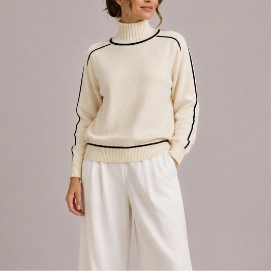 Women's Contrast Trim Ribbed Roll-Neck Relaxed Fit Winter Jumper