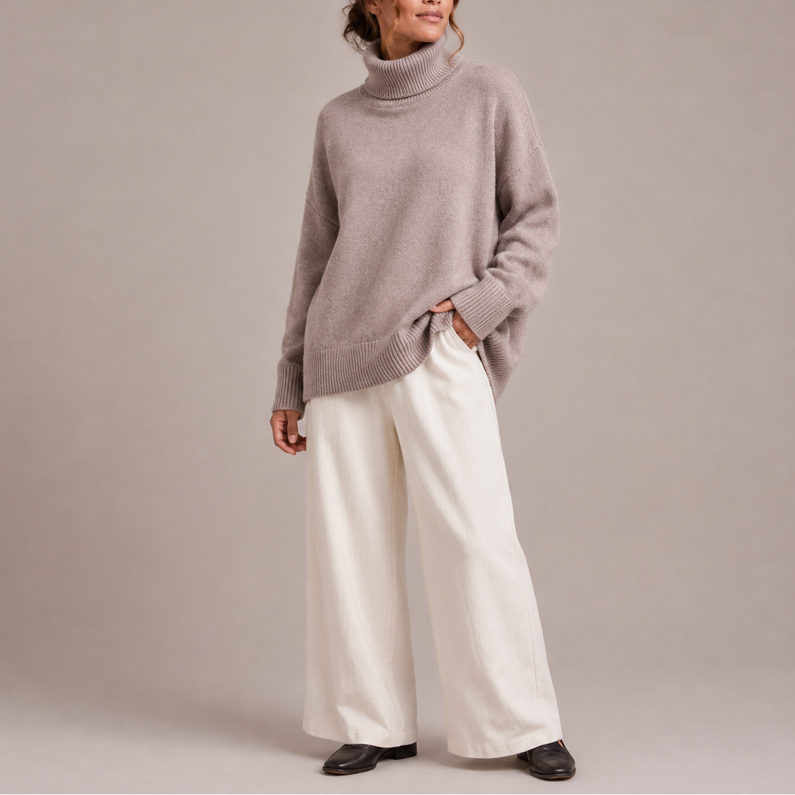 Women's Oversized Drop Shoulder Ribbed Roll-Neck Winter Jumper