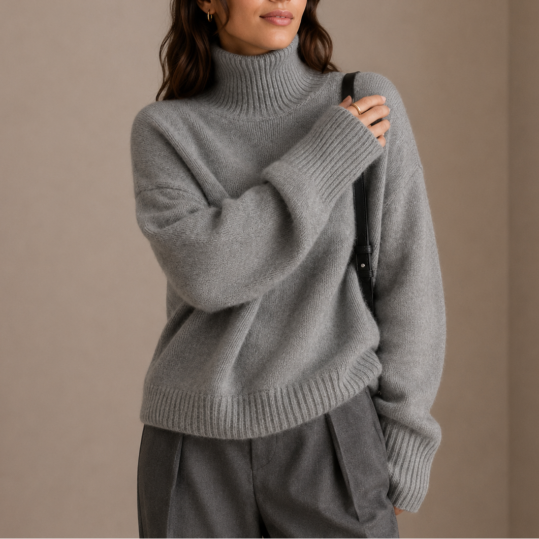Women's Oversized Wide Ribbed Cuff High Roll-Neck Winter Jumper
