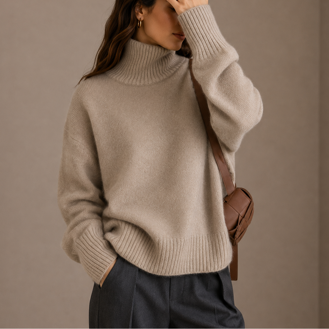 Women's Oversized Wide Ribbed Cuff High Roll-Neck Winter Jumper