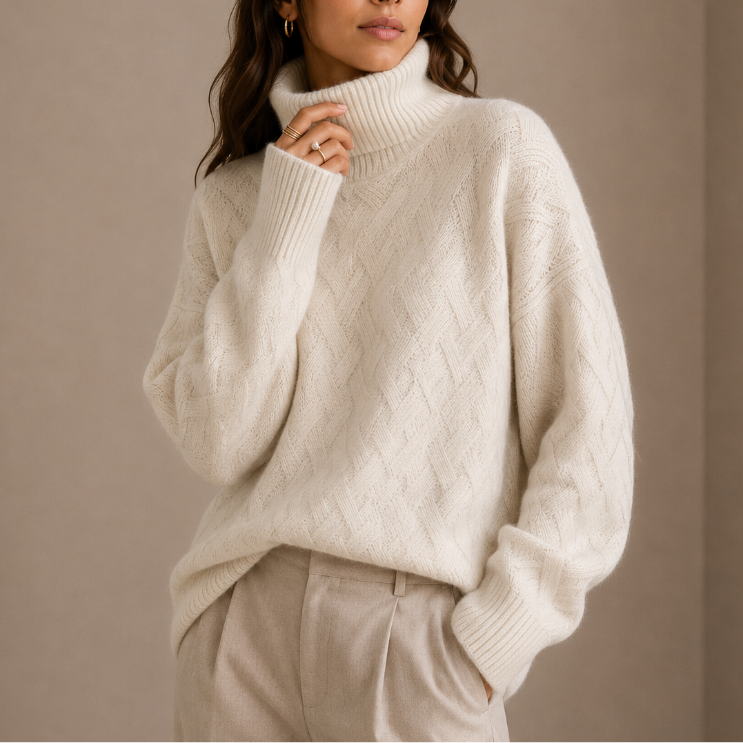 Women's Textured Woven Knit Roll-Neck Relaxed Fit Winter Jumper