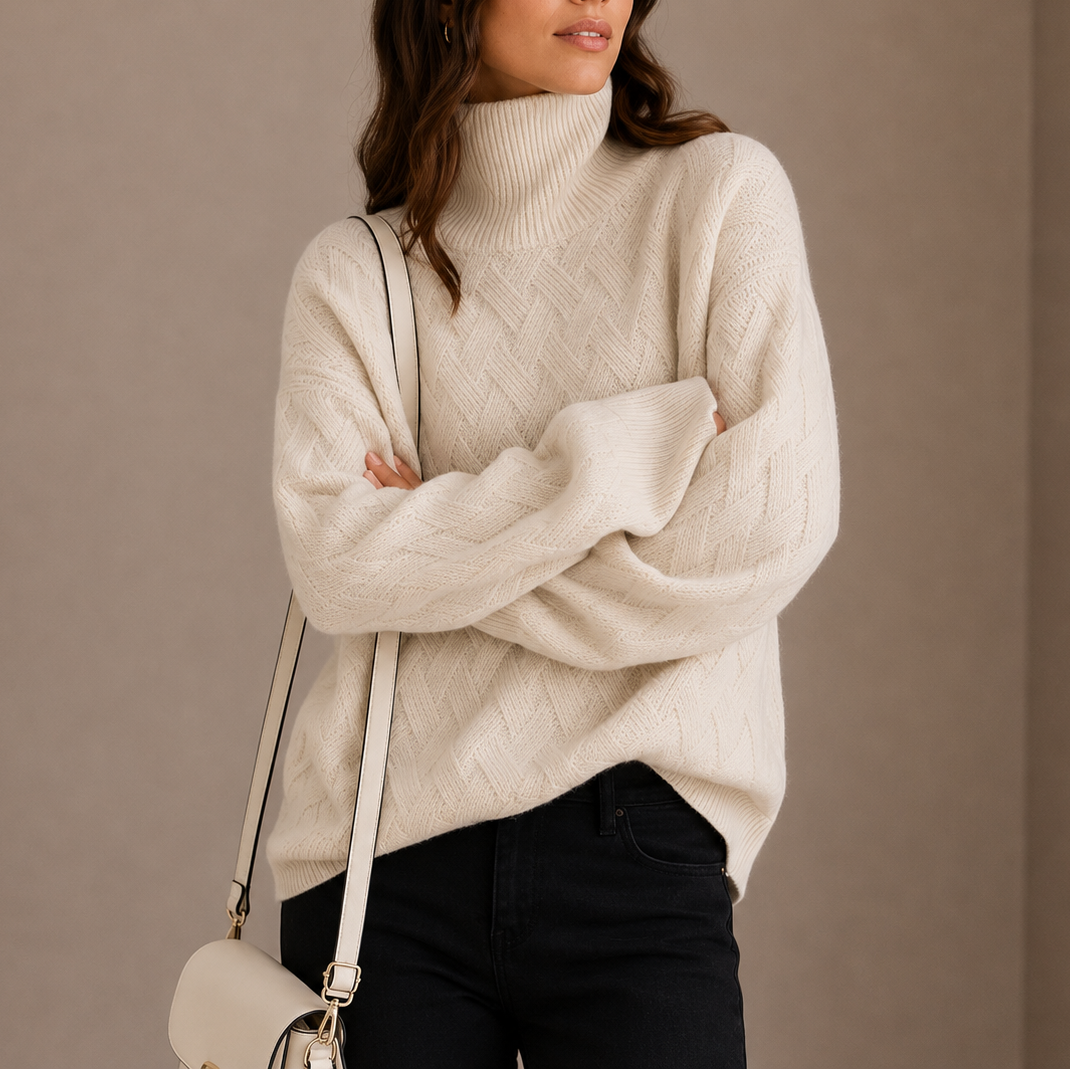 Women's Textured Woven Knit Roll-Neck Relaxed Fit Winter Jumper