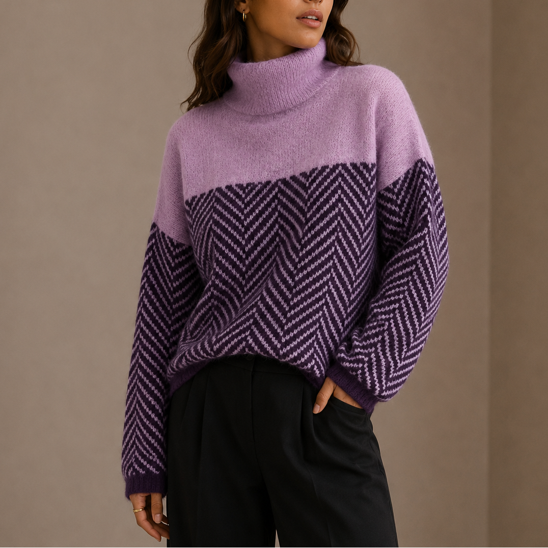 Women's Oversized Two-Tone Herringbone Roll-Neck Winter Jumper