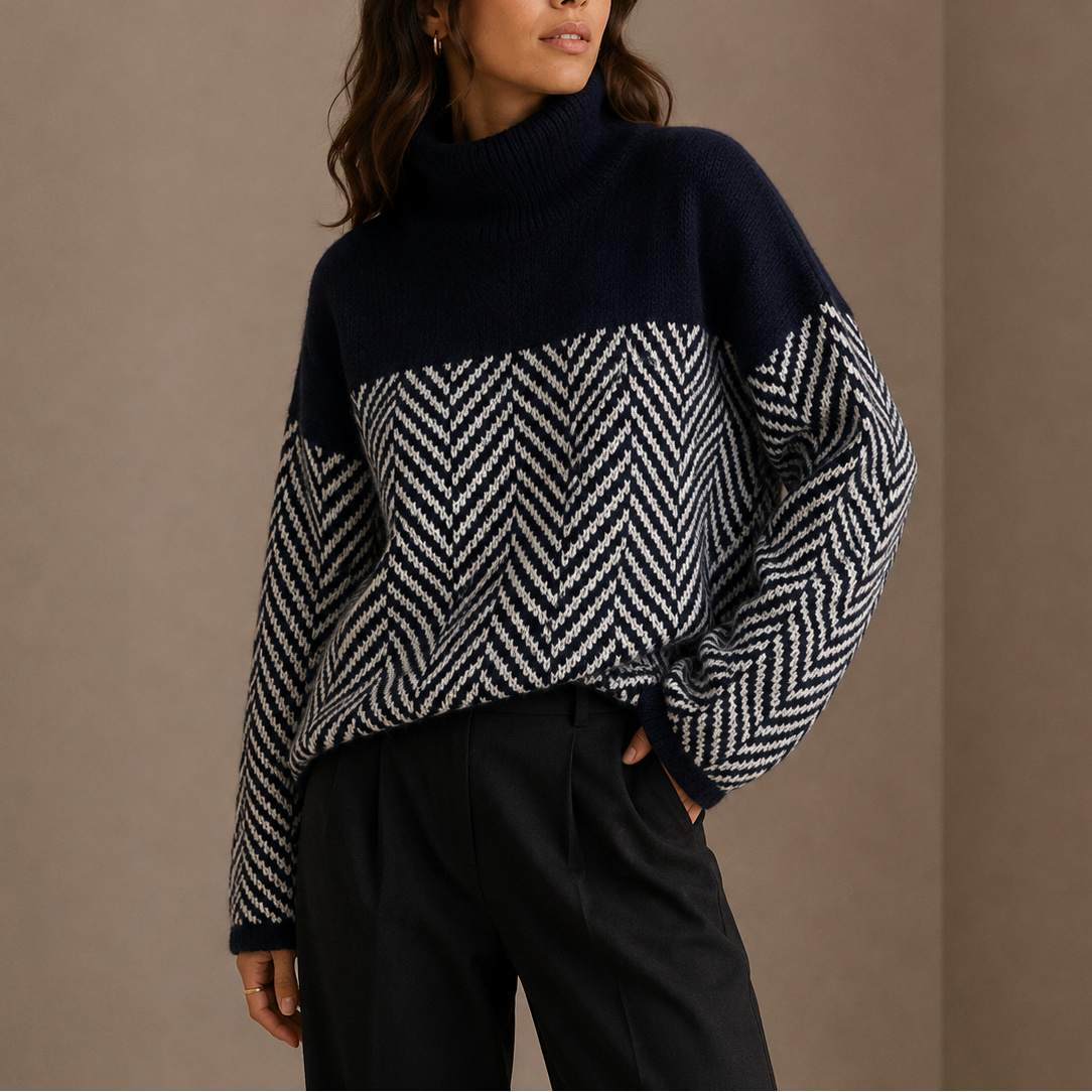 Women's Oversized Two-Tone Herringbone Roll-Neck Winter Jumper