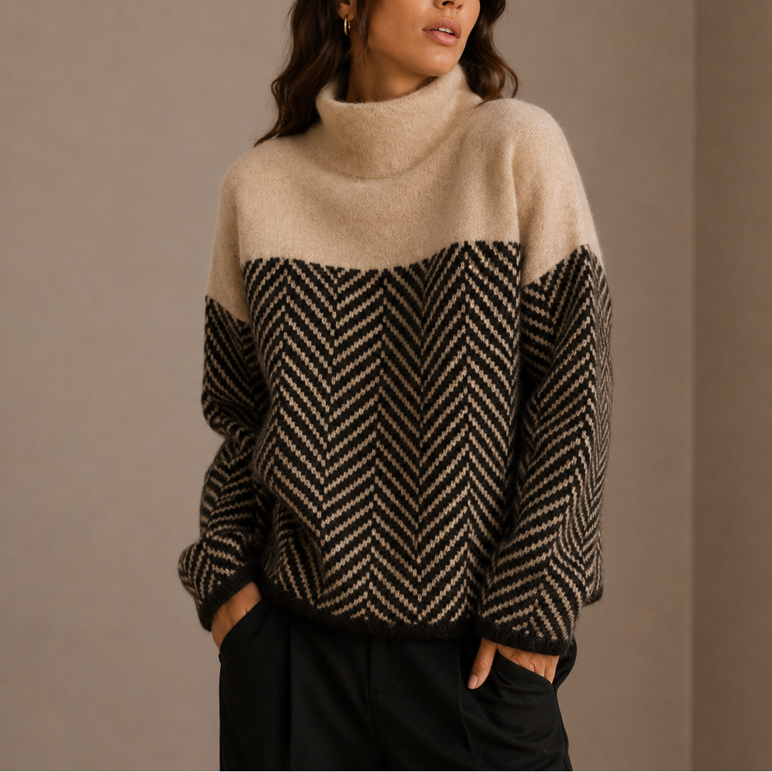 Women's Oversized Two-Tone Herringbone Roll-Neck Winter Jumper