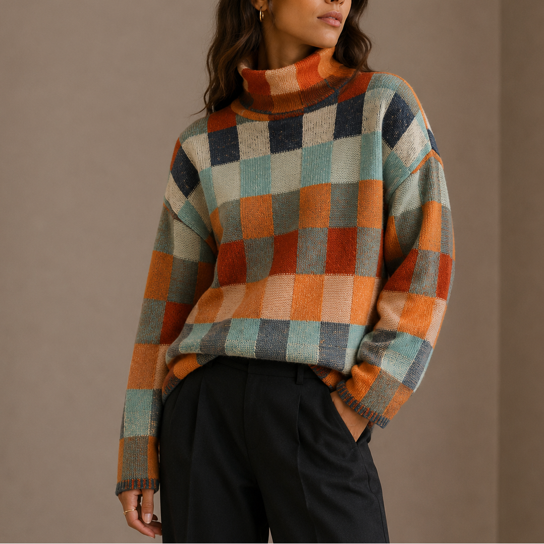 Women's Oversized Check Pattern Roll-Neck Winter Jumper