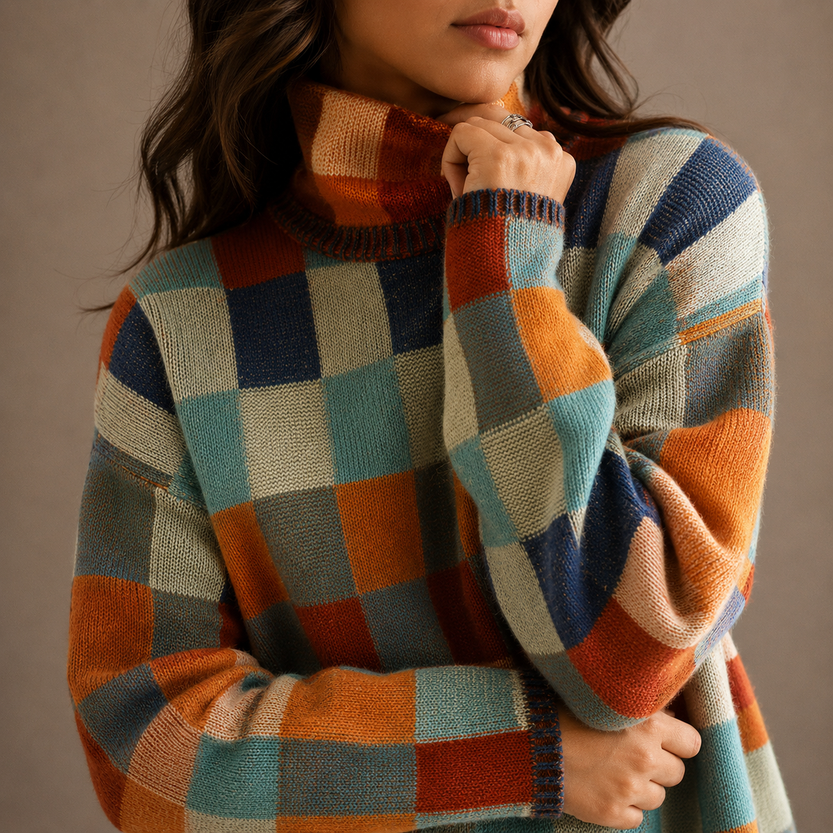 Women's Oversized Check Pattern Roll-Neck Winter Jumper