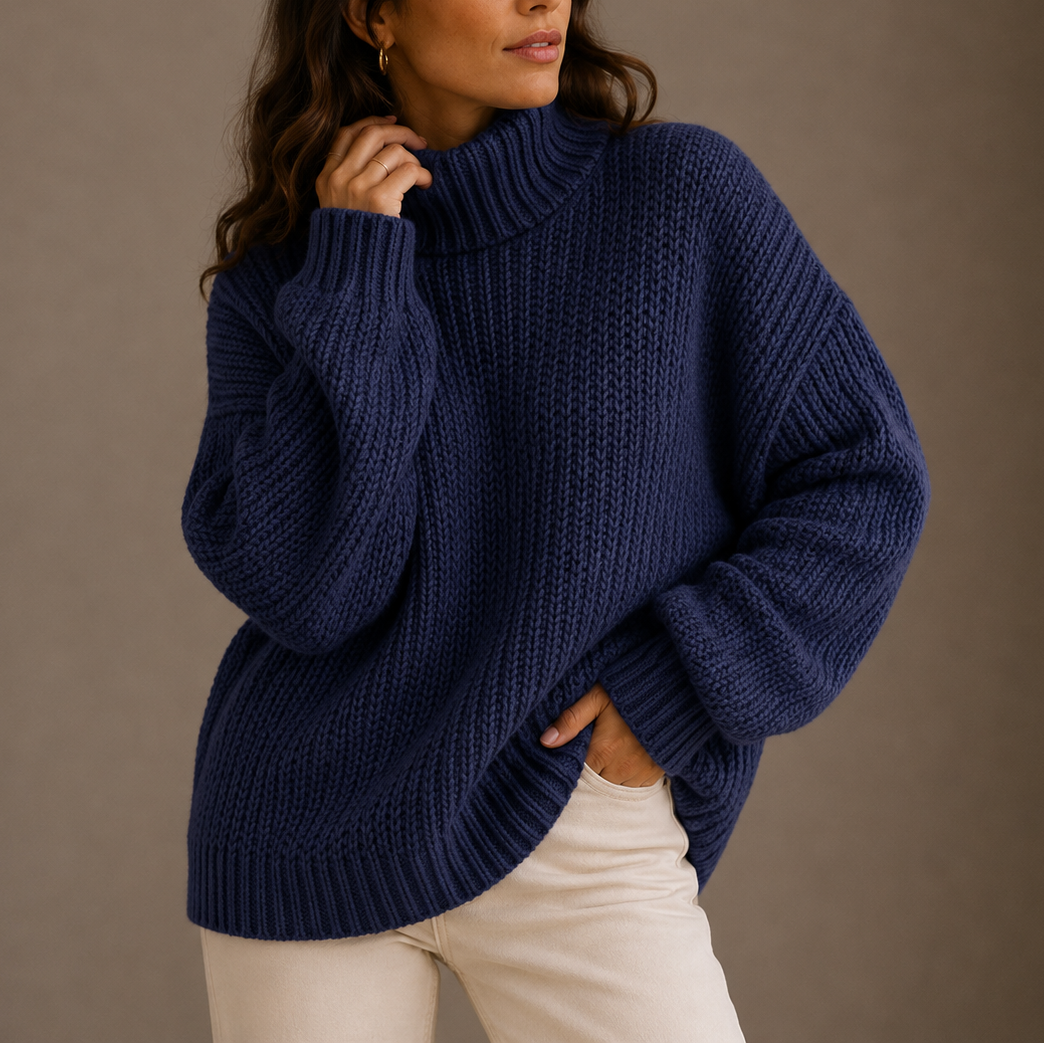 Women's Oversized Chunky Knit Drop-Shoulder Roll-Neck Winter Jumper