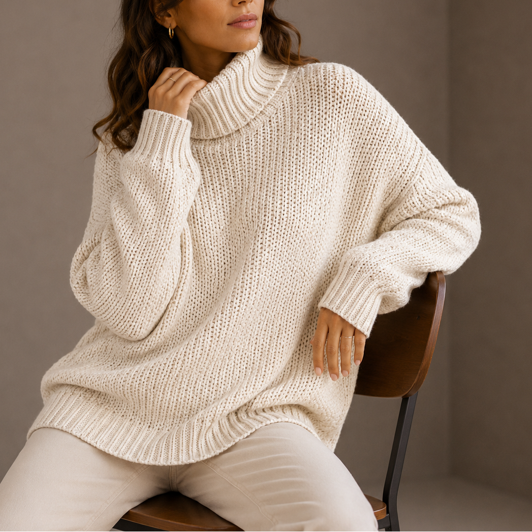 Women's Oversized Chunky Knit Drop-Shoulder Roll-Neck Winter Jumper