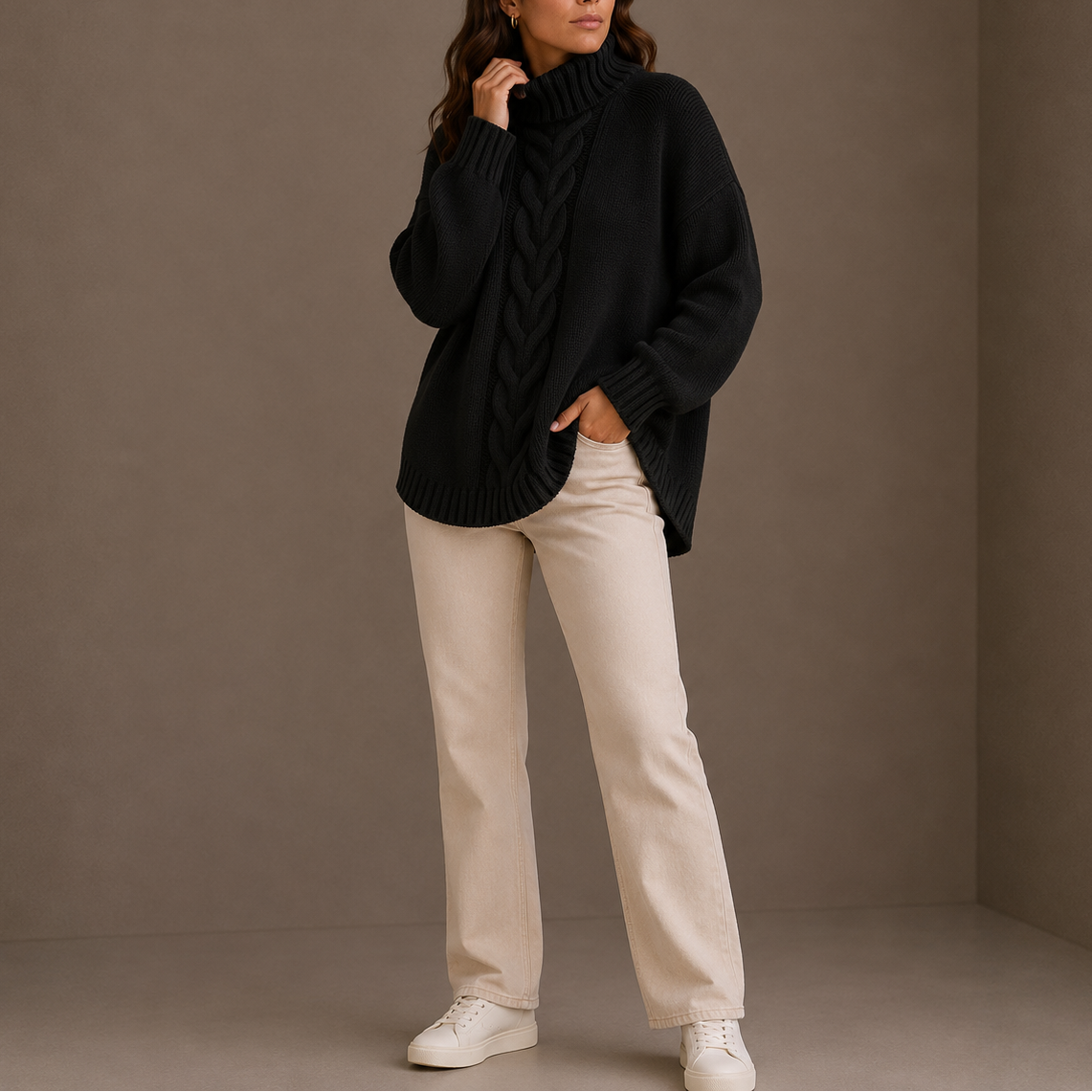 Women's Oversized Cable Knit Split-Hem Roll-Neck Winter Jumper