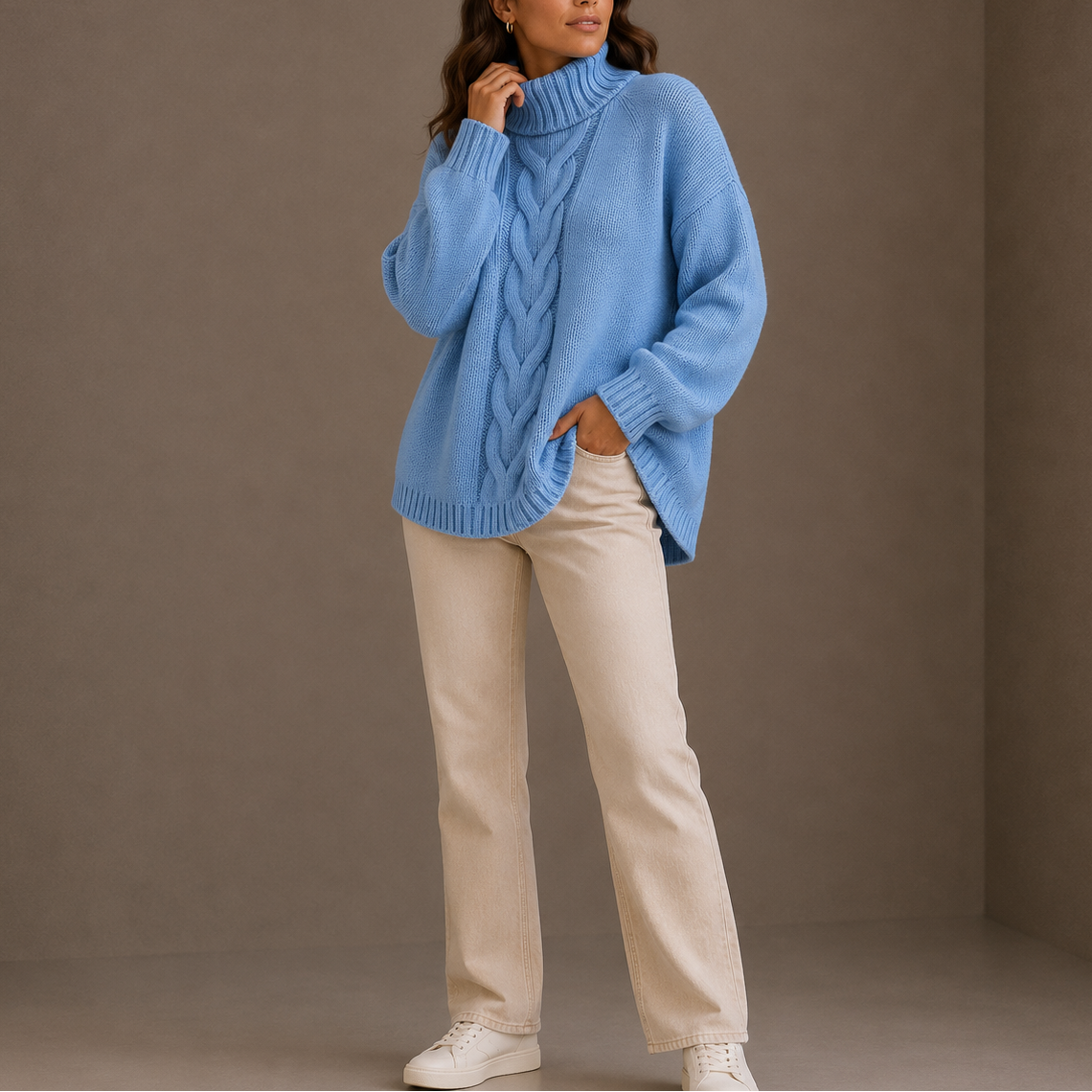 Women's Oversized Cable Knit Split-Hem Roll-Neck Winter Jumper