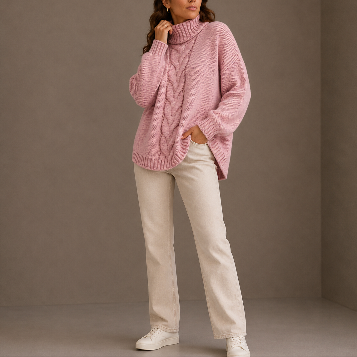 Women's Oversized Cable Knit Split-Hem Roll-Neck Winter Jumper