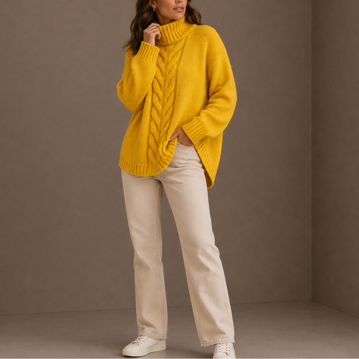 Women's Oversized Cable Knit Split-Hem Roll-Neck Winter Jumper