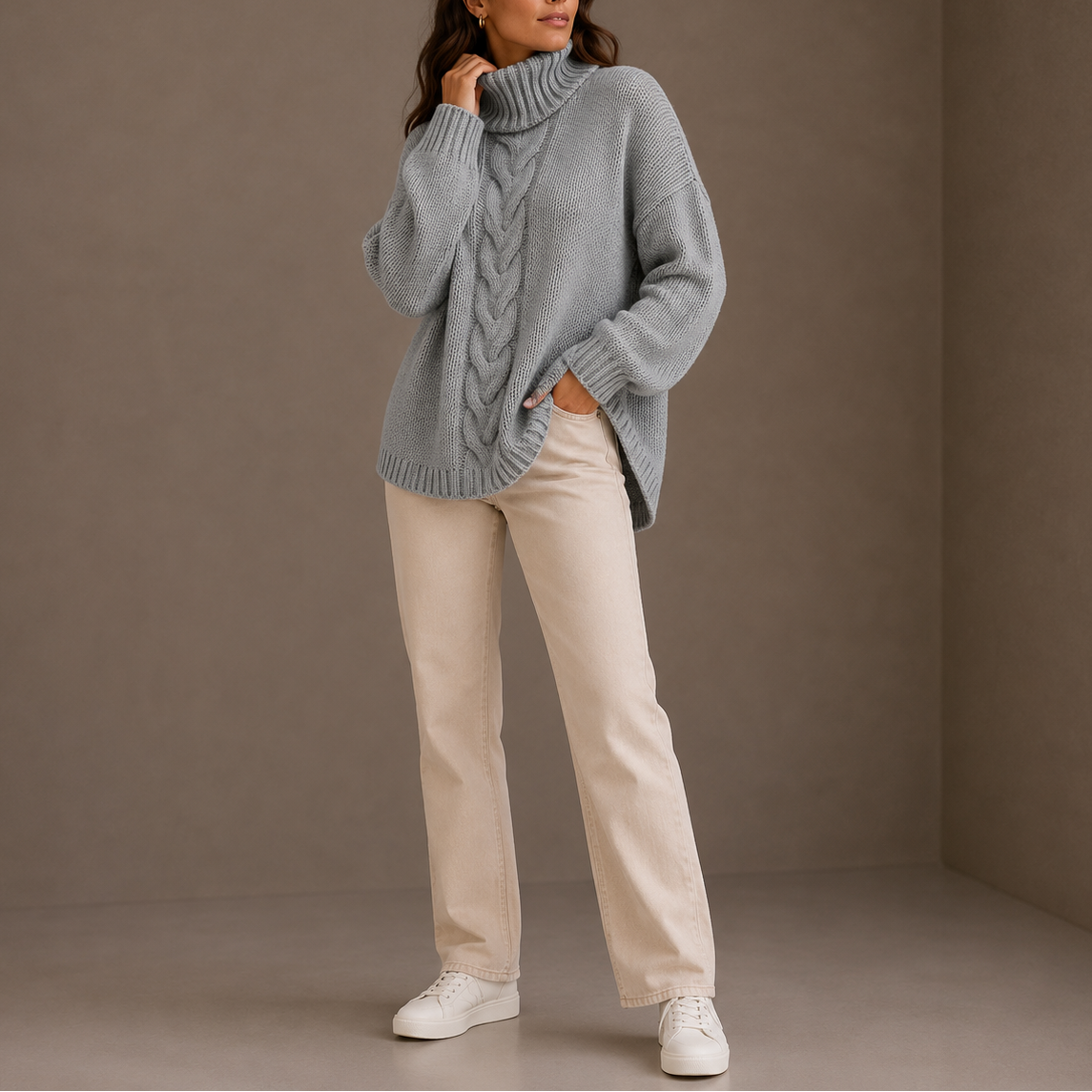Women's Oversized Cable Knit Split-Hem Roll-Neck Winter Jumper