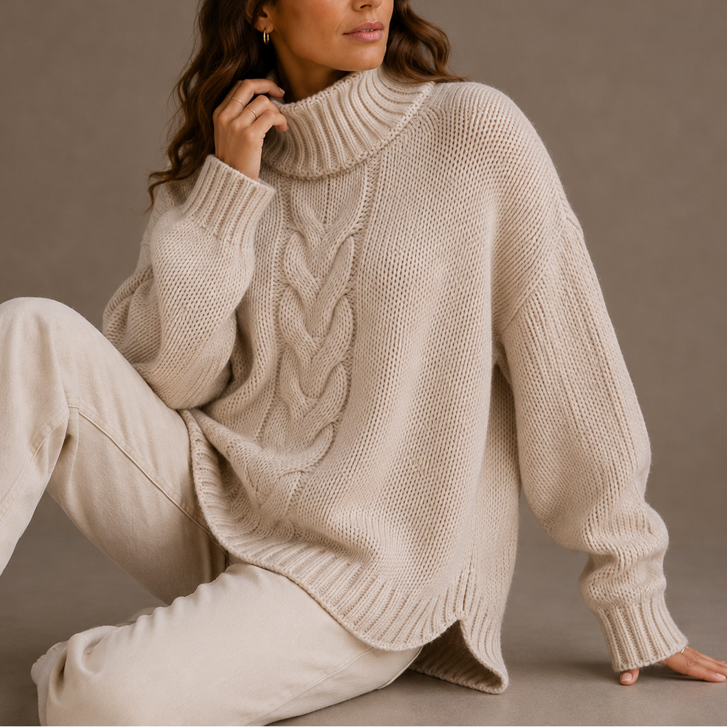 Women's Oversized Cable Knit Split-Hem Roll-Neck Winter Jumper