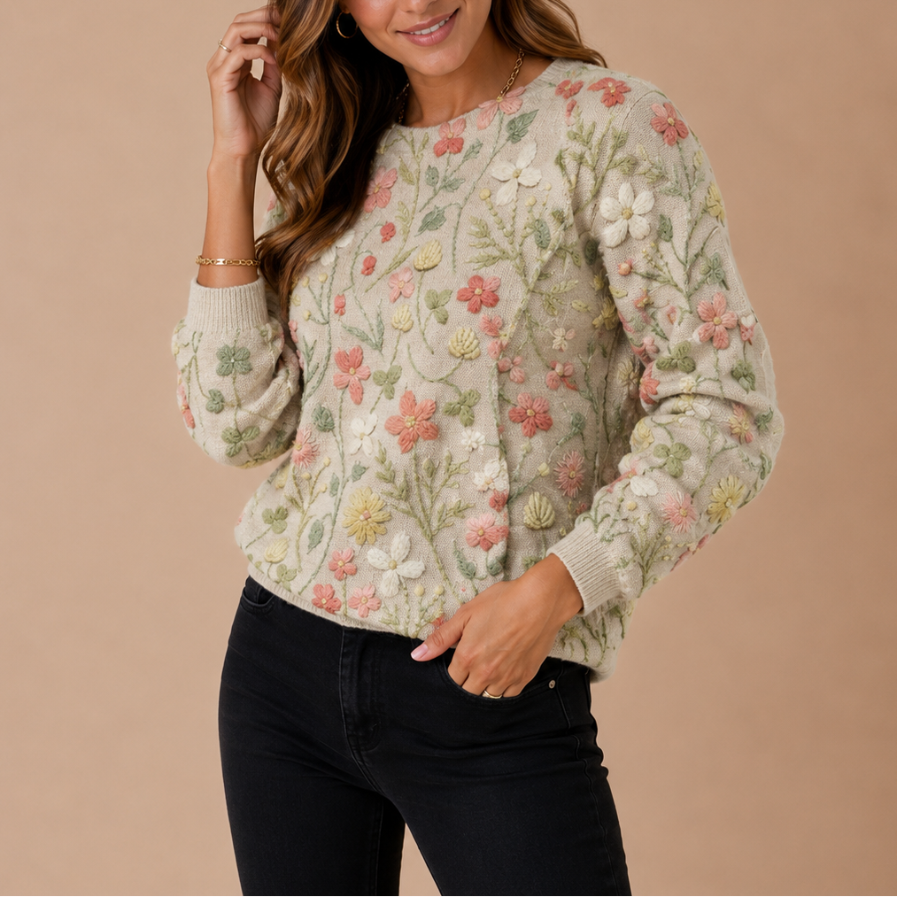 Women's Floral Embroidered Round-Neck Knit Winter Jumper