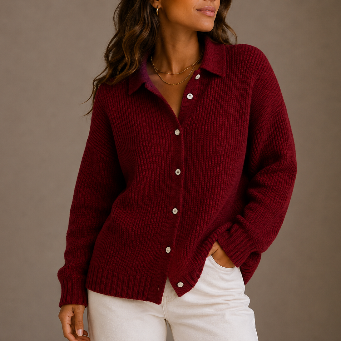 Women's Collared Button-Up Textured Knit Autumn Cardigan