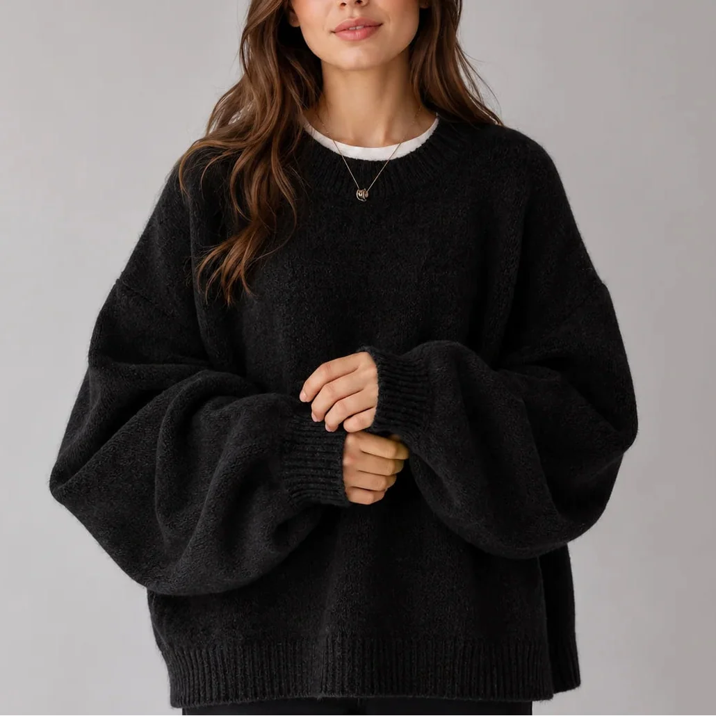 Women's Oversized Balloon Sleeve Crew-Neck Knit Winter Jumper