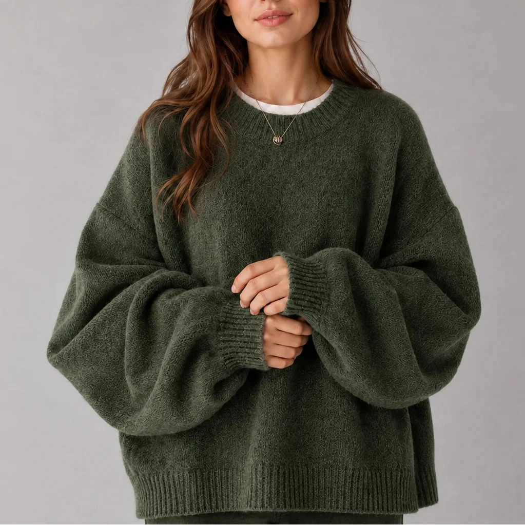Women's Oversized Balloon Sleeve Crew-Neck Knit Winter Jumper
