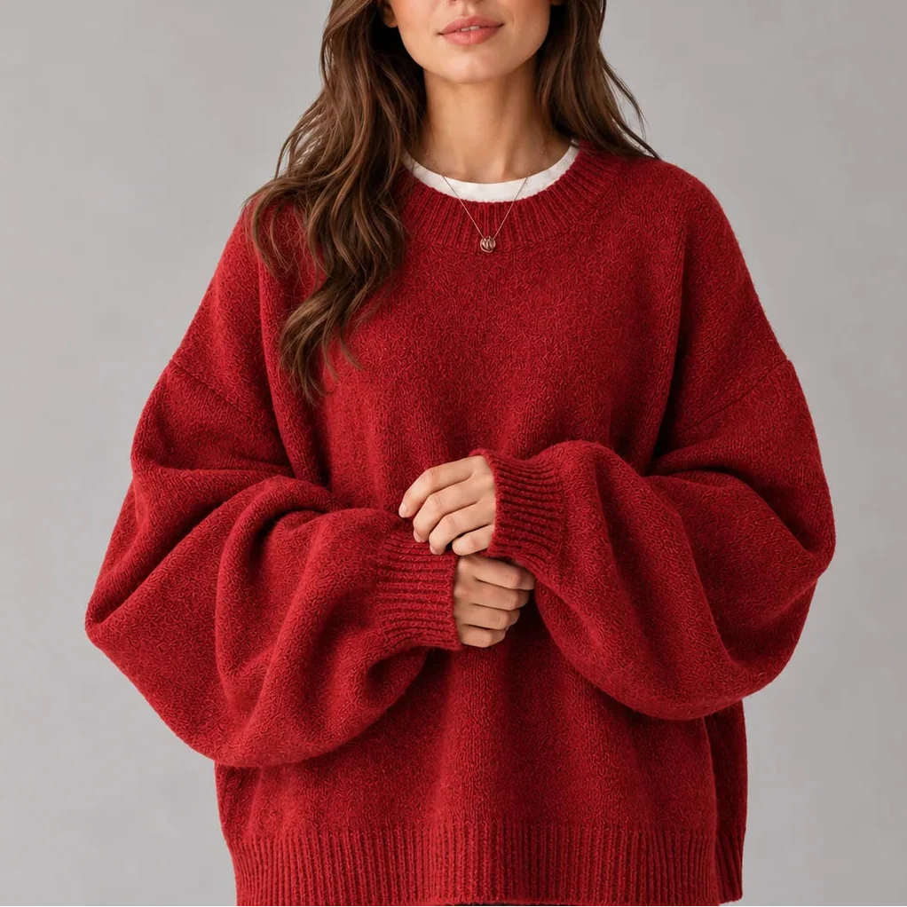 Women's Oversized Balloon Sleeve Crew-Neck Knit Winter Jumper