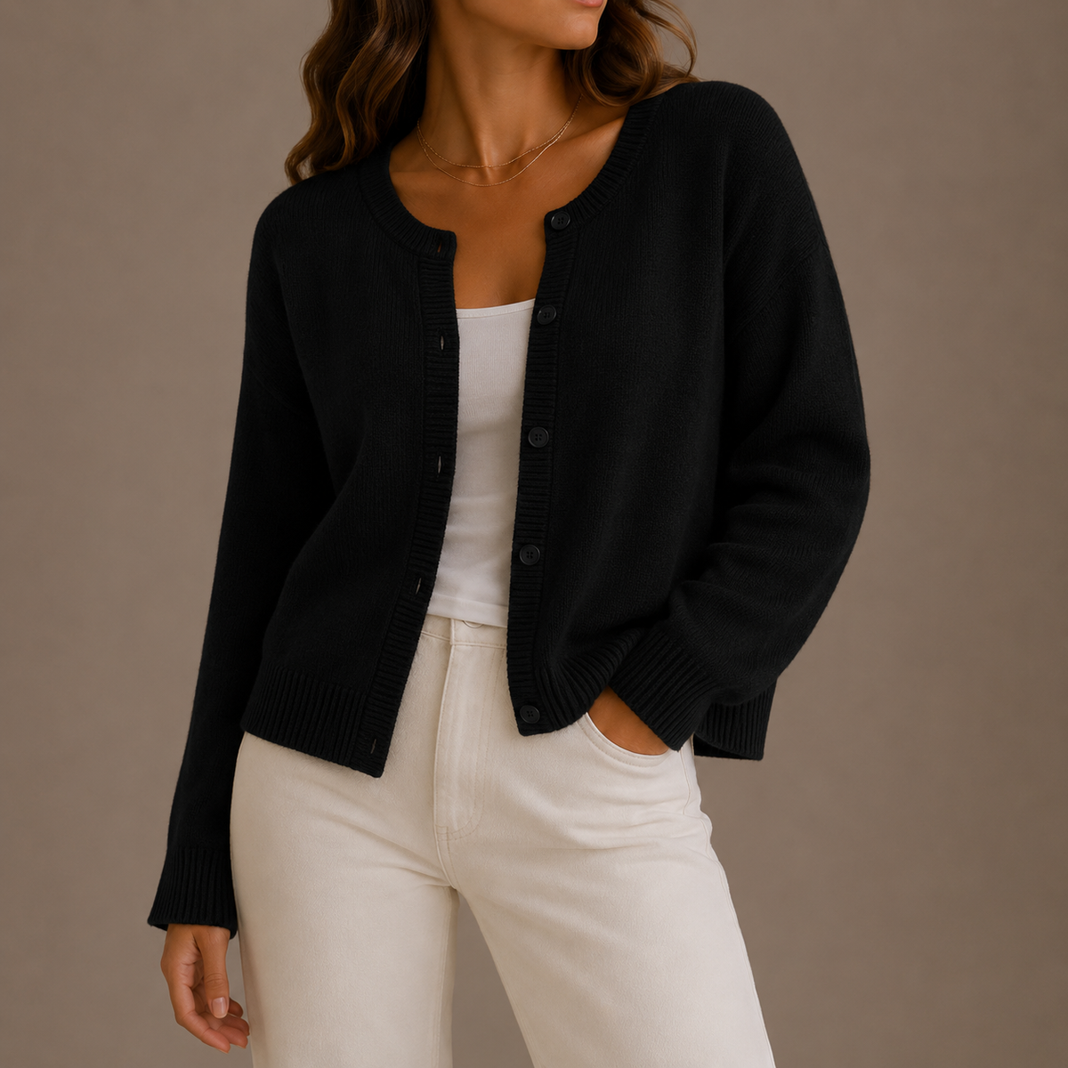 Women's Round-Neck Button-Up Relaxed Fit Knit Cardigan