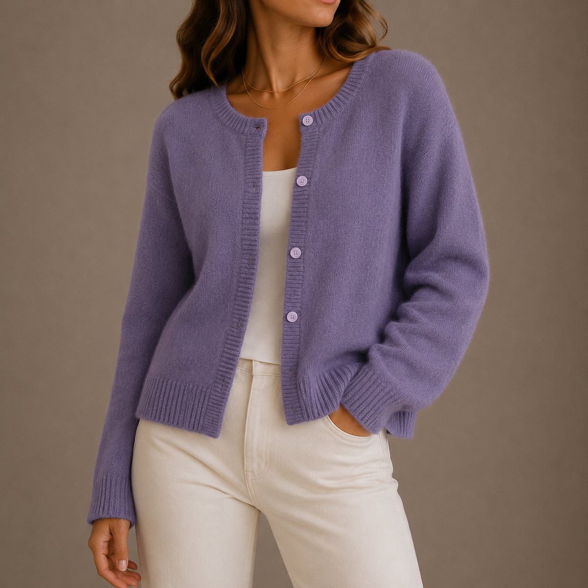 Women's Round-Neck Button-Up Relaxed Fit Knit Cardigan