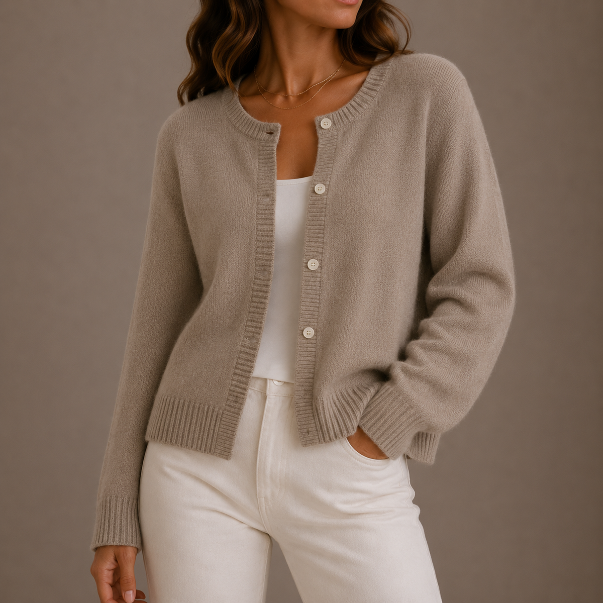 Women's Round-Neck Button-Up Relaxed Fit Knit Cardigan