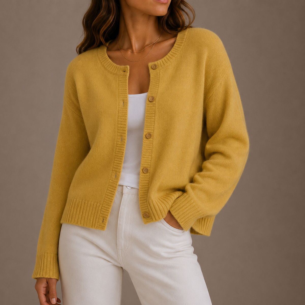 Women's Round-Neck Button-Up Relaxed Fit Knit Cardigan