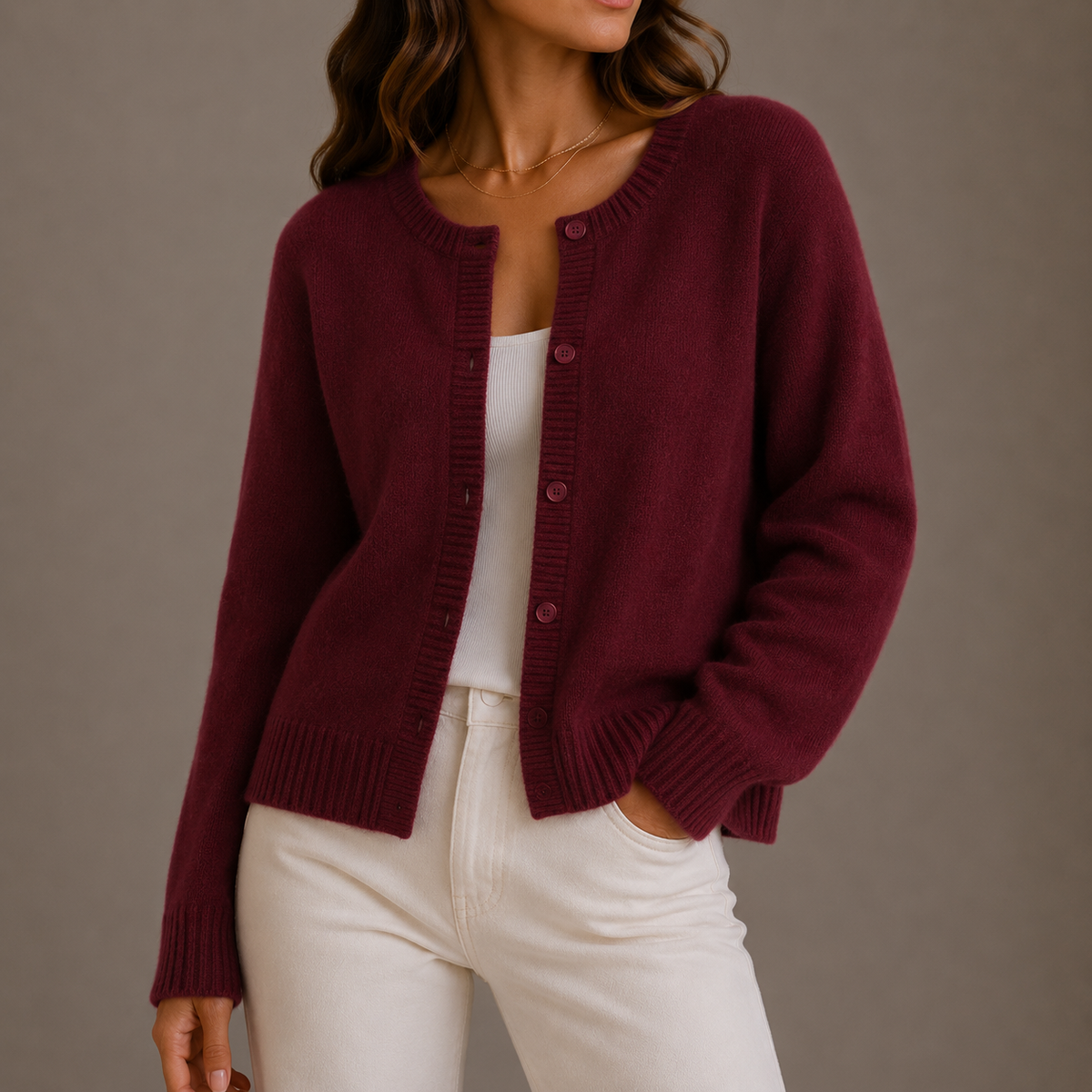 Women's Round-Neck Button-Up Relaxed Fit Knit Cardigan
