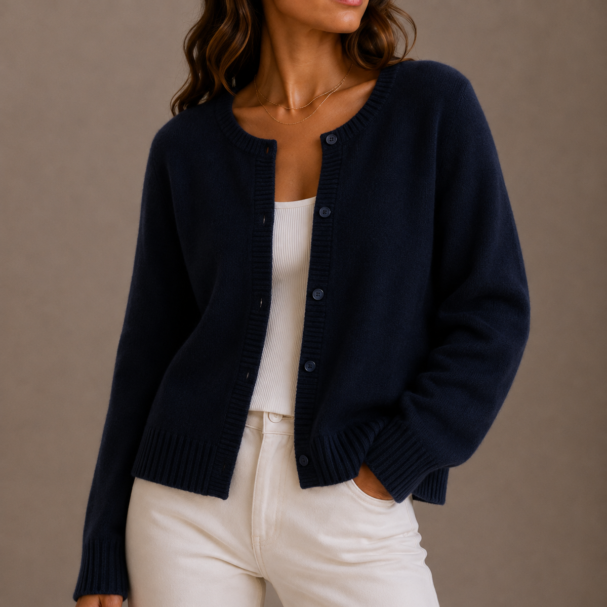 Women's Round-Neck Button-Up Relaxed Fit Knit Cardigan