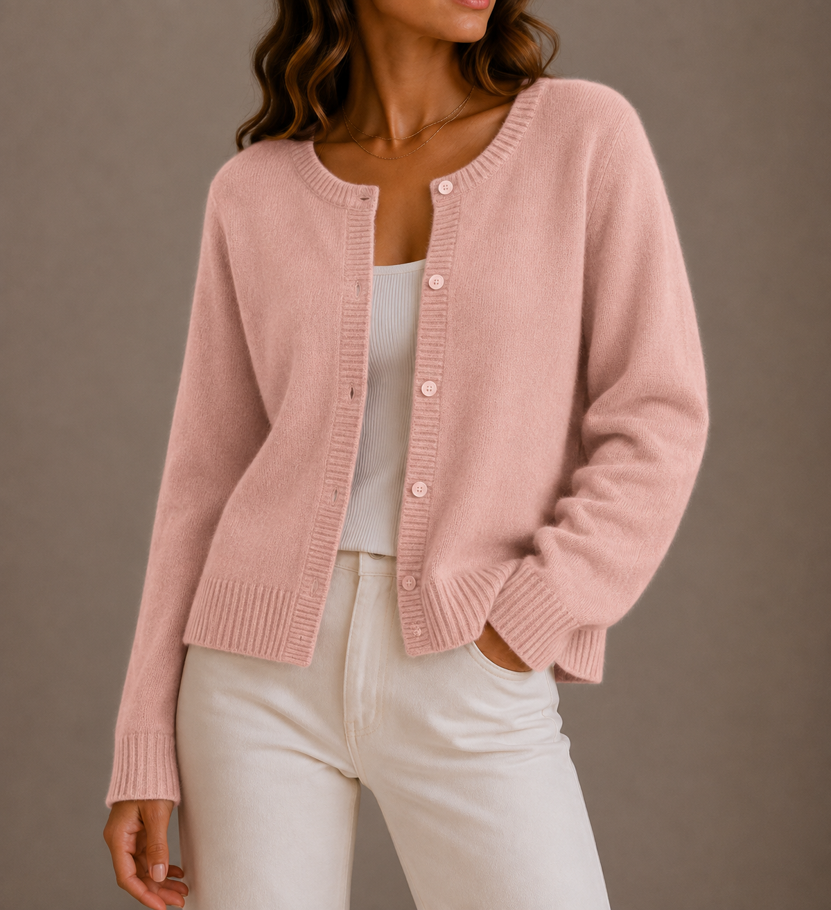 Women's Round-Neck Button-Up Relaxed Fit Knit Cardigan